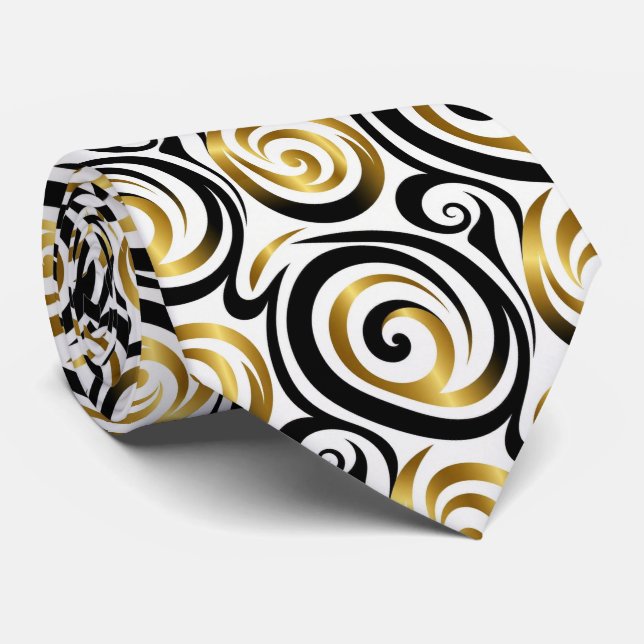 Faux Silk Neck Tie | Black, White + Gold Abstract  (Rolled)