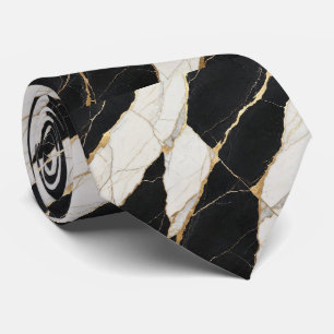 Faux Silk Neck Tie Black, White + Gold Marble