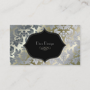 Faux silver baroque damask /black business card