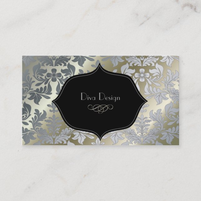 Faux silver baroque damask /black business card (Front)