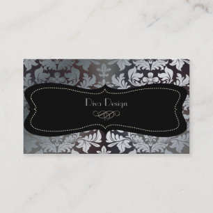 Faux silver baroque damask /black business card