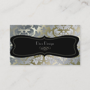 Faux silver baroque damask /black business card