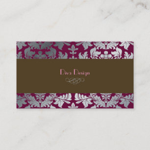 Faux silver baroque damask en merlot + chocolate business card