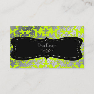 Faux silver baroque damask fluorescent green/black business card
