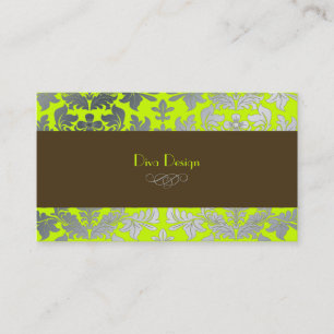 Faux silver baroque damask lime + chocolate business card
