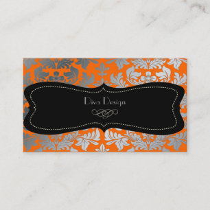 Faux silver baroque damask orange/black business card