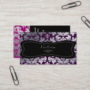 Faux silver baroque damask purple/black business card