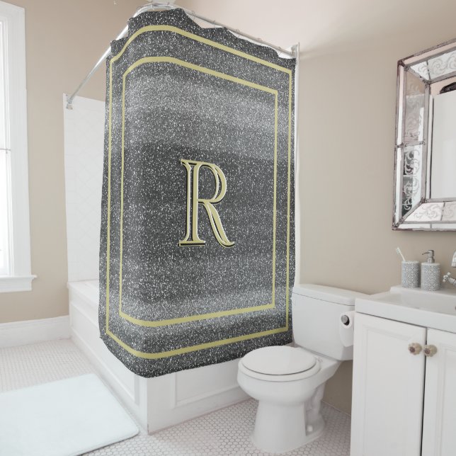 Faux Silver Black Gold Unique Three Colour Monogra Shower Curtain (In Situ)