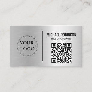 Faux Silver Business Logo QR Code Professional Business Card