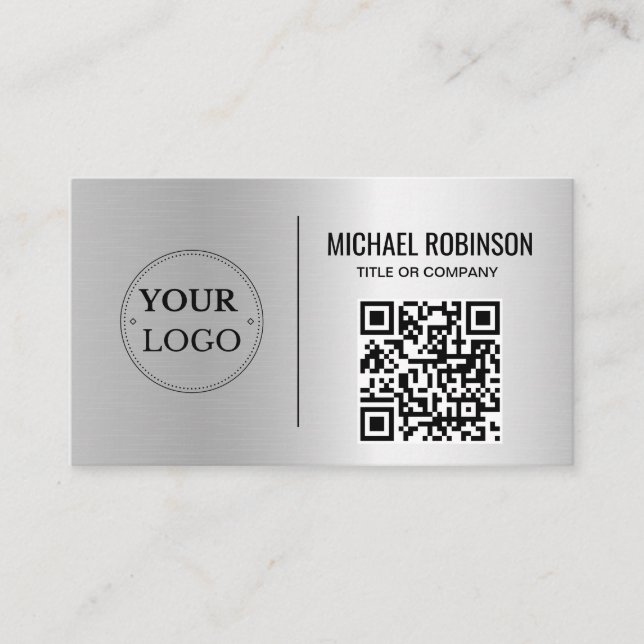 Faux Silver Business Logo QR Code Professional  Card (Front)