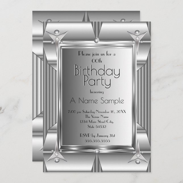 Faux Silver Chrome Metal look Birthday Party  Invitation (Front/Back)