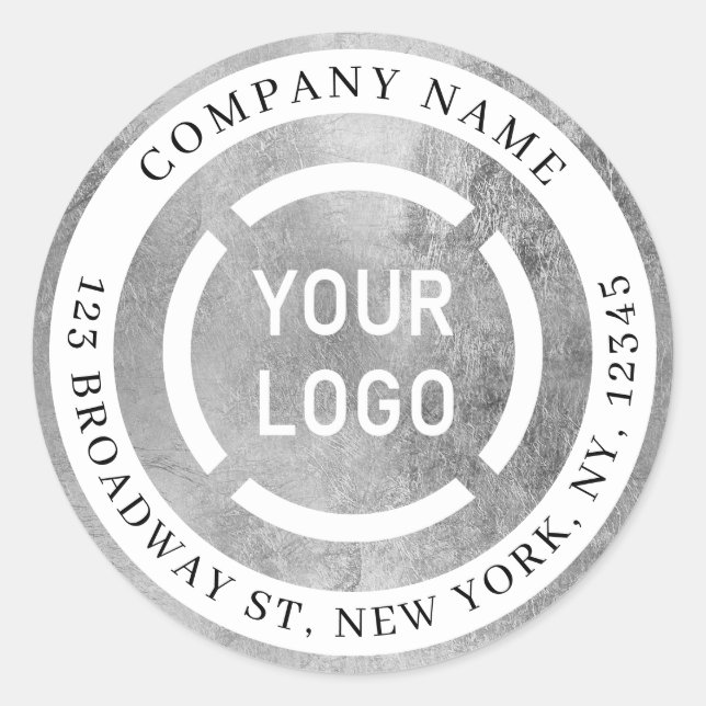 Faux silver company logo return address classic round sticker (Front)
