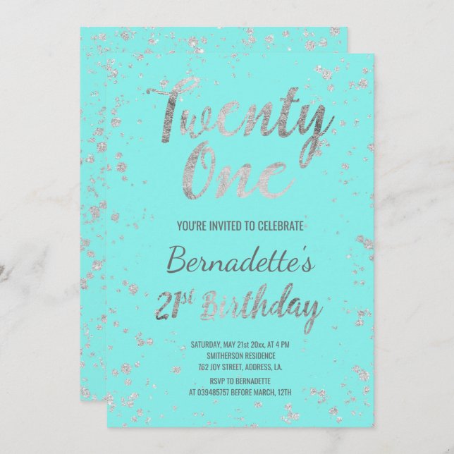 Faux silver confetti splatters teal 21st Birthday Invitation (Front/Back)
