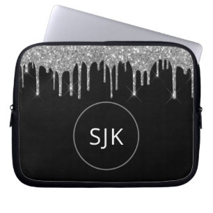 Faux Silver Dripping Glitter Sparkle Monogram Laptop Sleeve