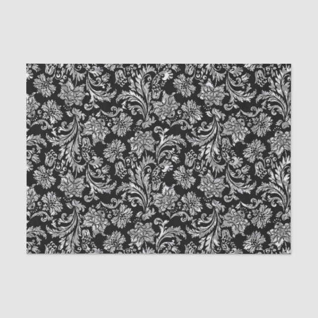 Faux Silver Floral Damasks Black Background 2 Tissue Paper (Front)