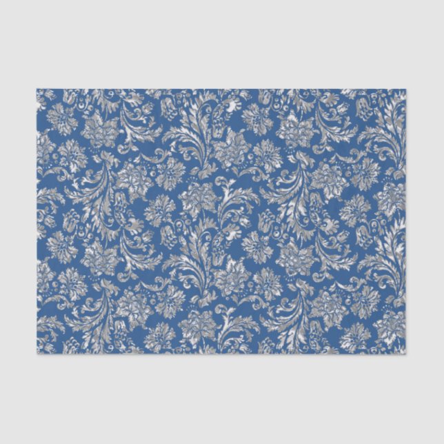 Faux Silver Floral Damasks Blue Background Tissue Paper (Front)