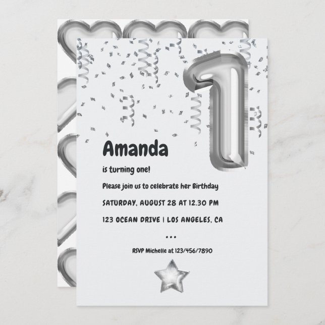 Faux Silver Foil Balloon 1st Birthday Party Invitation (Front/Back)