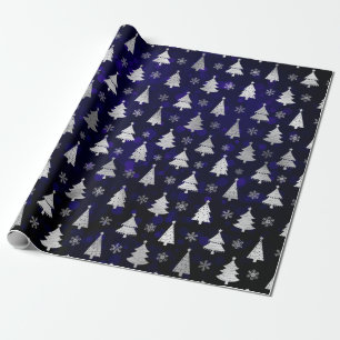 Faux Silver Foil Christmas Trees & blue bokeh Wrapping Paper