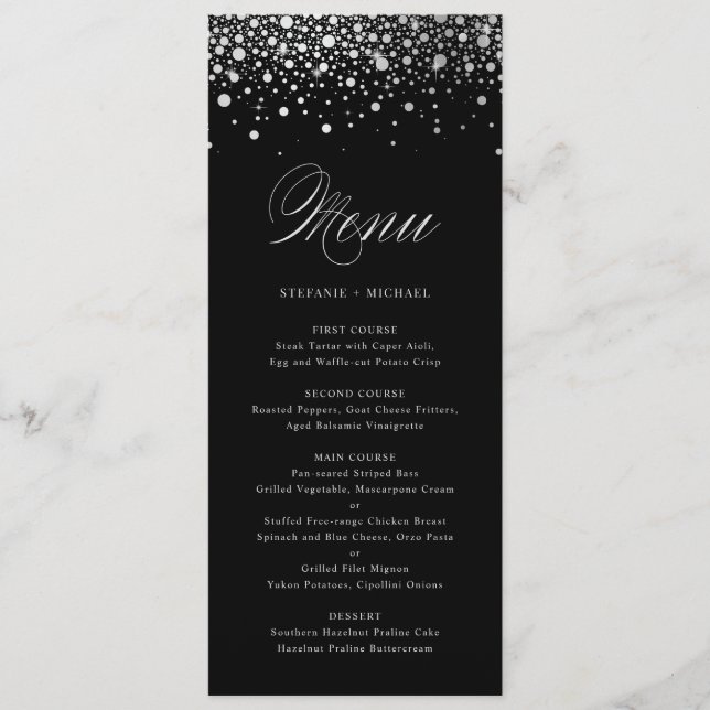 Faux Silver Foil Confetti Black Elegant Menu Card (Front)
