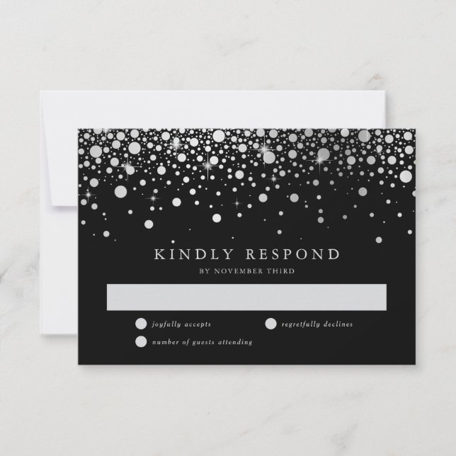 Faux Silver Foil Confetti Black & White RSVP Card (Front)