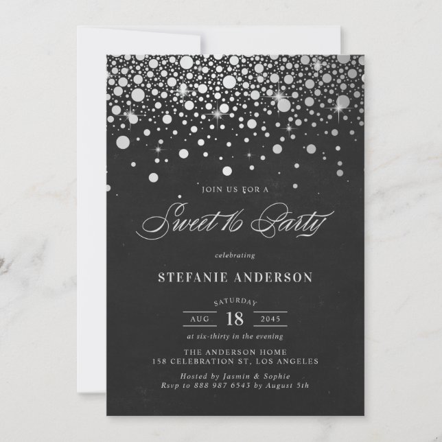 Faux Silver Foil Confetti Chalkboard Sweet Sixteen Invitation (Front)