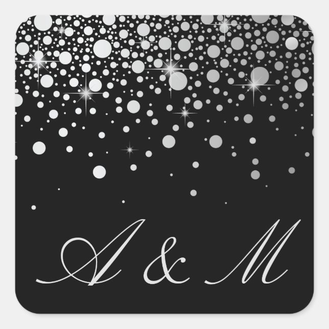 Faux Silver Foil Confetti Dots Black Monogram Square Sticker (Front)