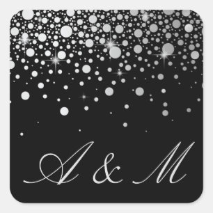 Faux Silver Foil Confetti Dots Black Monogram Square Sticker