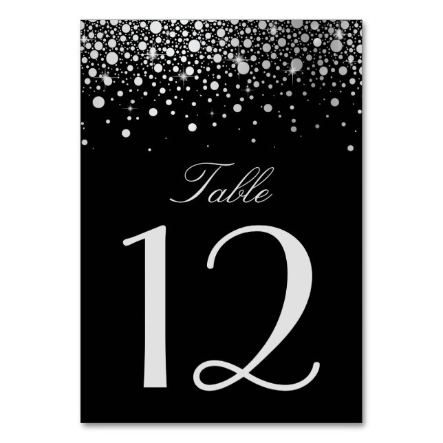 Faux Silver Foil Confetti Dots Black Table Number (Back)