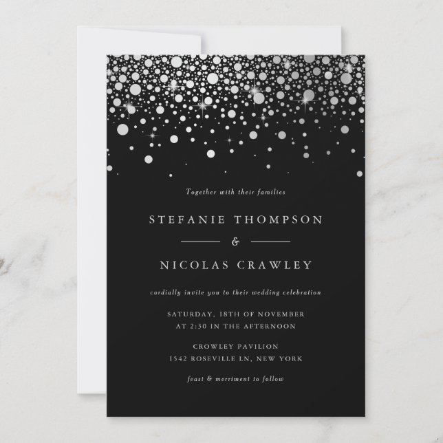 Faux Silver Foil Confetti Dots Black Wedding Invitation (Front)