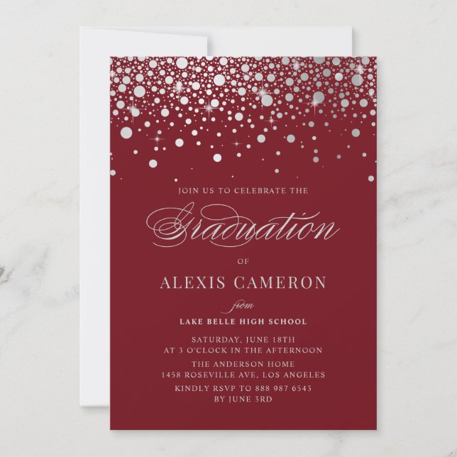 Faux Silver Foil Confetti Dots Burgundy Graduation Invitation (Front)