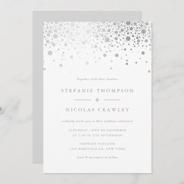 Faux Silver Foil Confetti Dots Wedding Invitation (Front/Back)