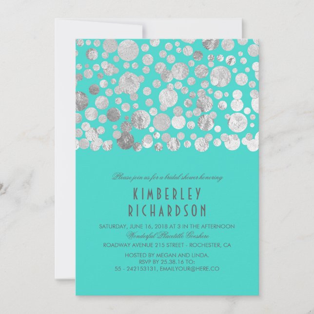 Faux Silver Foil Confetti Teal Bridal Shower Invitation (Front)