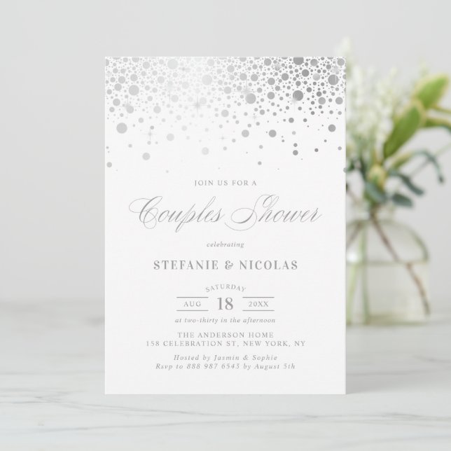 Faux Silver Foil Confetti White Couples Shower Invitation (Standing Front)