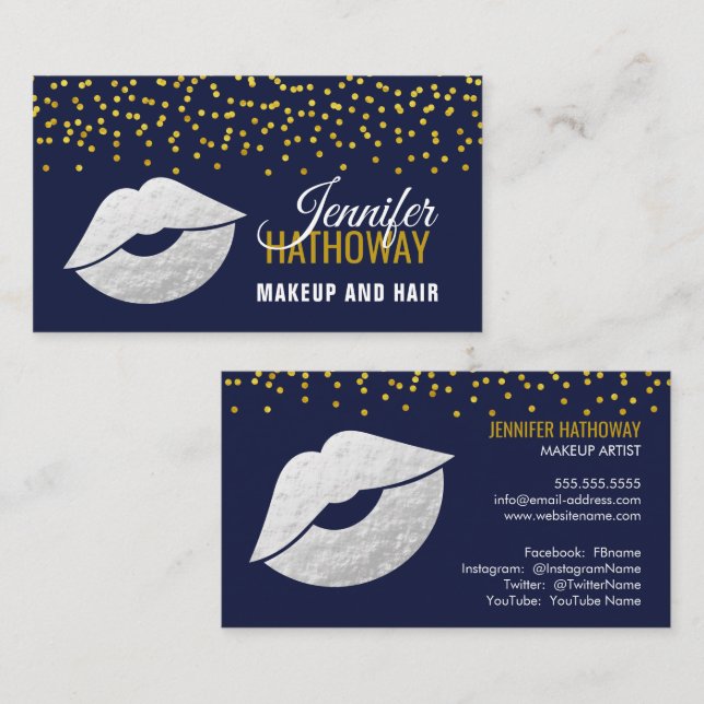 Faux Silver Foil Lips and Confetti Makeup Artist Business Card (Front/Back)