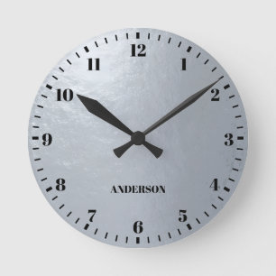 Faux Silver Foil Metallic Grey Black Numbers Name  Round Clock