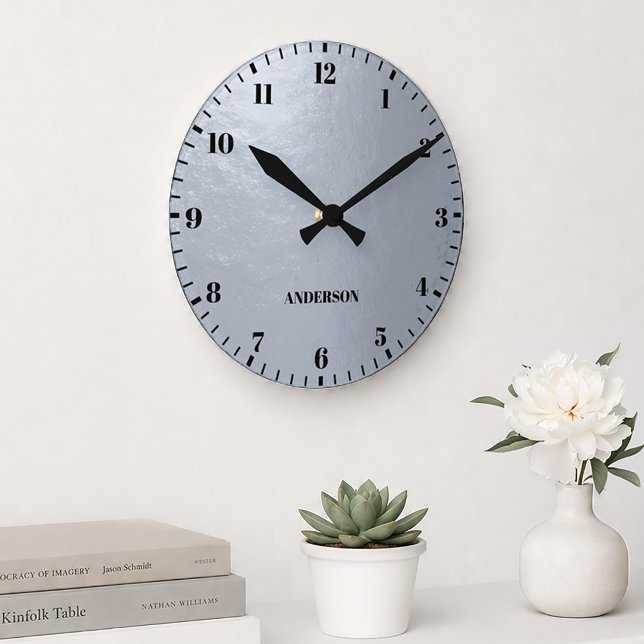 Faux Silver Foil Metallic Grey Black Numbers Name  Round Clock (Creator Uploaded)