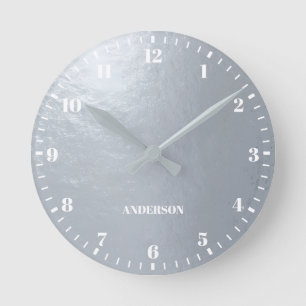 Faux Silver Foil Metallic Grey White Custom Name Round Clock