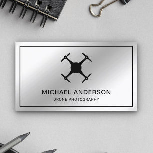 Faux Silver Foil Modern Drone Photography Business Card