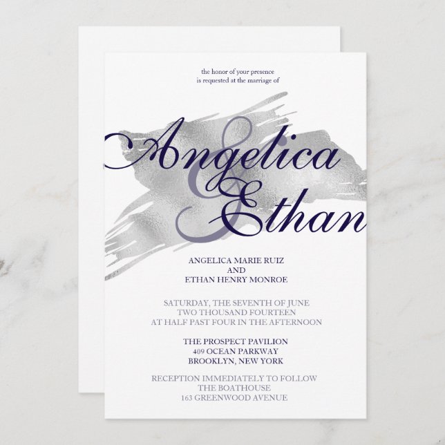 Faux Silver Foil, Modern Wedding Invitation (Front/Back)
