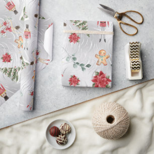 Faux Silver Foil Nutcracker & Friends & Florals Wrapping Paper