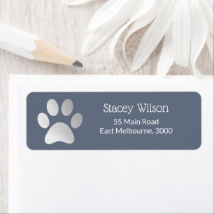 Faux Silver Foil Paw Print Logo On Blue