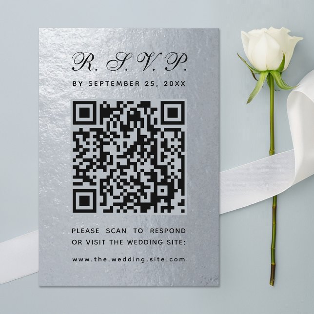 Faux Silver Foil QR Code Black Script Wedding RSVP Card (Creator Uploaded)
