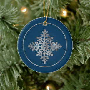 Faux Silver Foil Snowflake On Blue (Not Real Foil) Ceramic Tree Decoration
