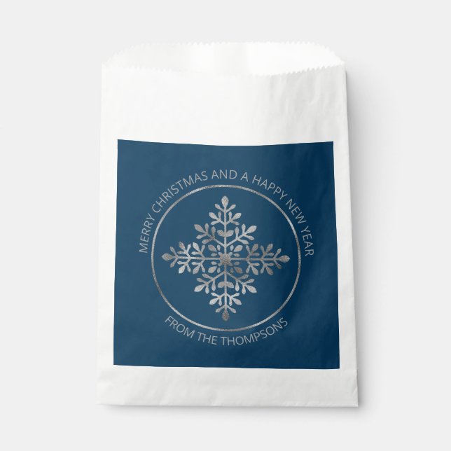 Faux Silver Foil Snowflake On Blue (Not Real Foil) Favour Bags (Front)