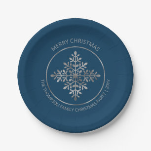 Faux Silver Foil Snowflake On Blue (Not Real Foil) Paper Plate