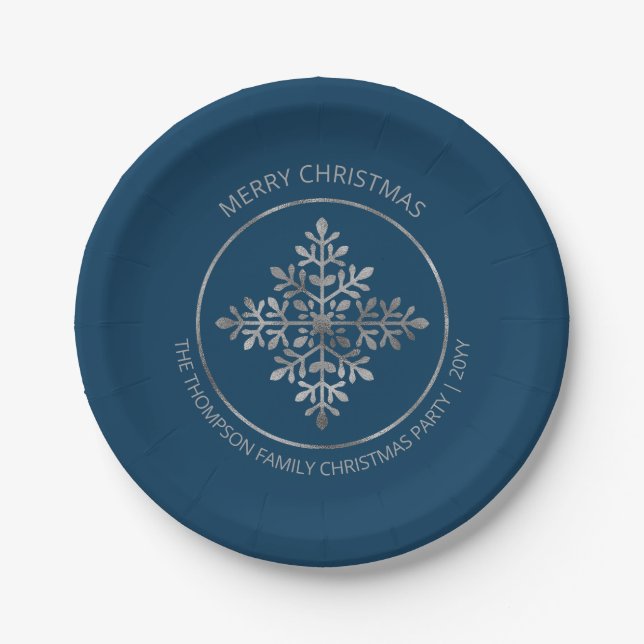 Faux Silver Foil Snowflake On Blue (Not Real Foil) Paper Plate (Front)