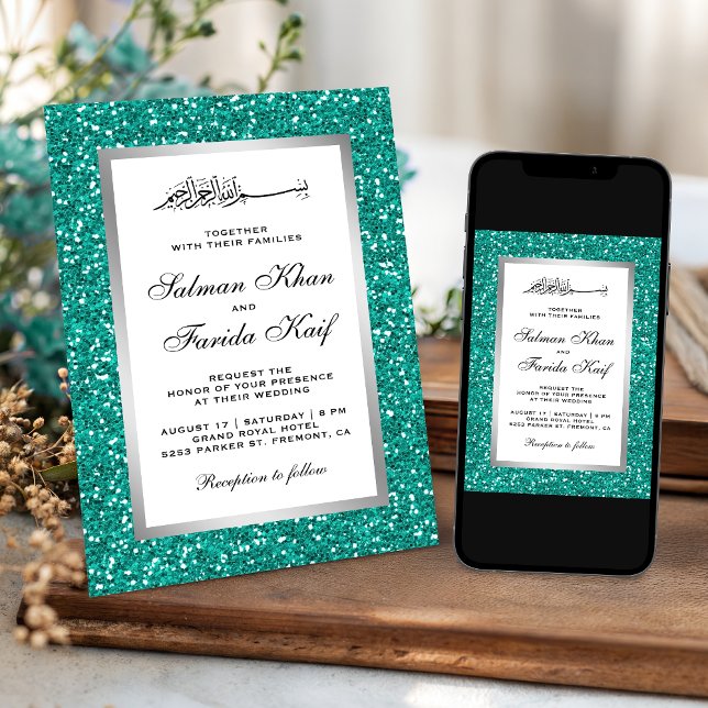 Faux Silver Foil Teal Glitter Islamic Wedding Invitation (Creator Uploaded)