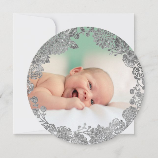 faux silver foil wreath new baby  Merry Christmas Holiday Card (Front)