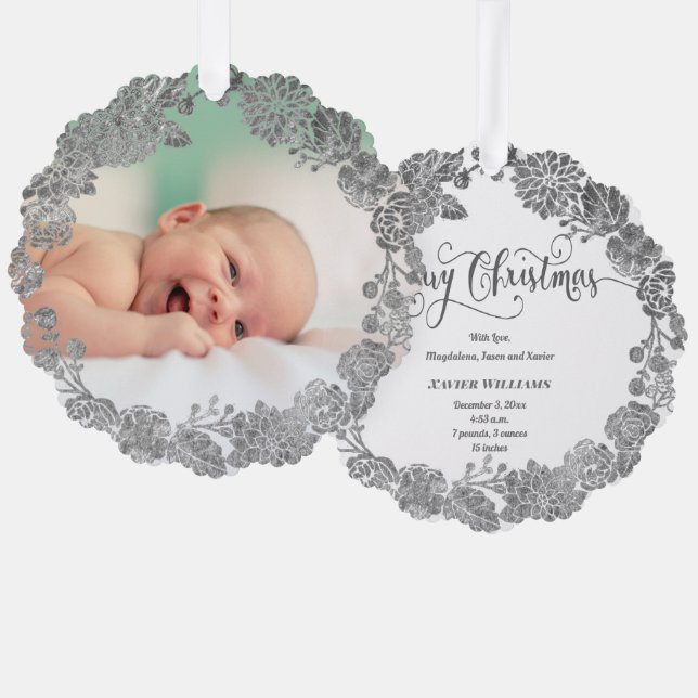 faux silver foil wreath new baby  Merry Christmas Tree Decoration Card (Front/Back)