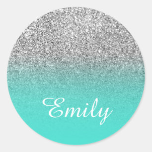 Faux Silver Glitter and Classic Turquoise Gradient Round Sticker
